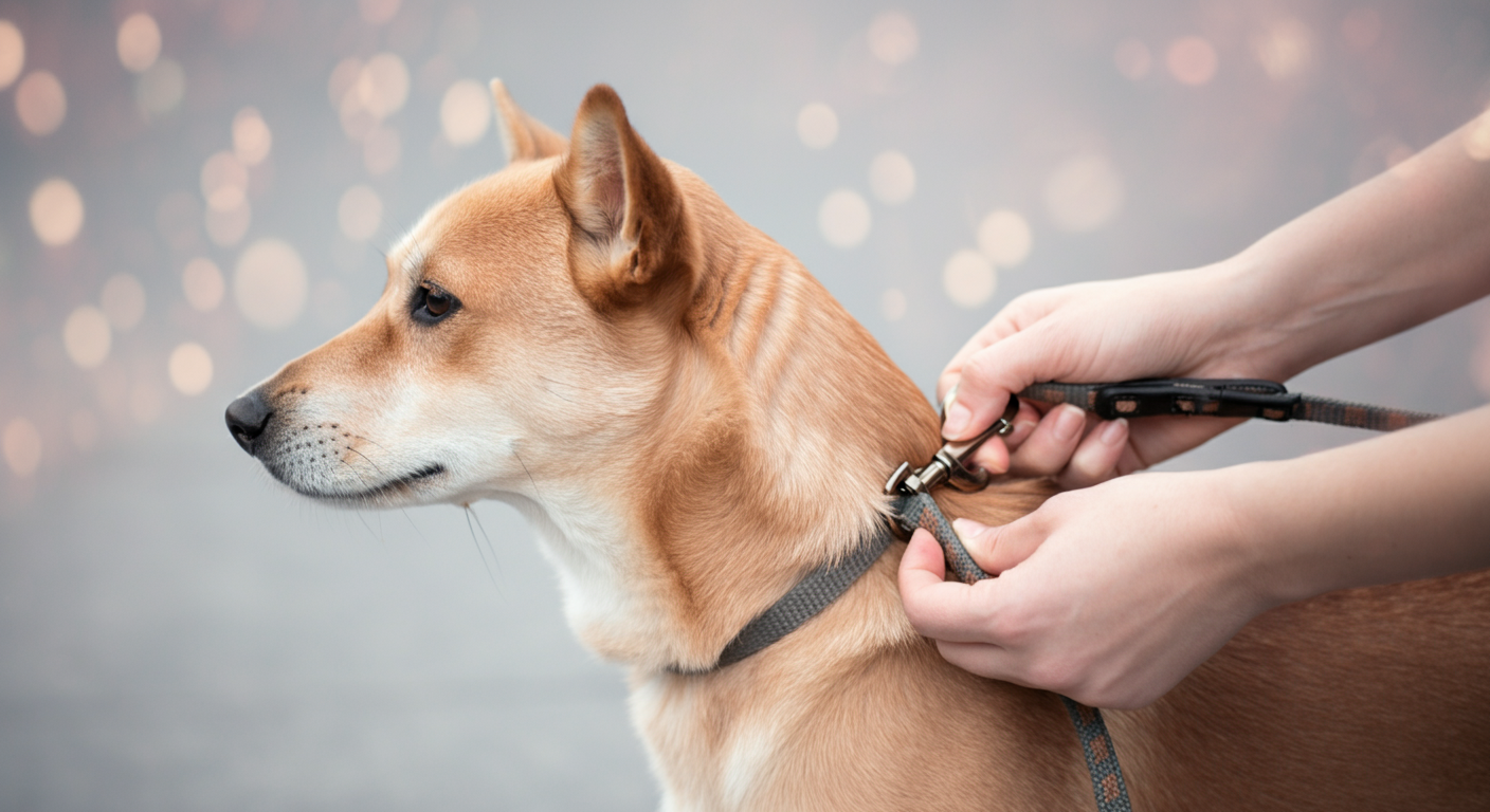 パステル調の優しい光の中、人物の手が犬の首輪にリードを装着している様子のクローズアップ。