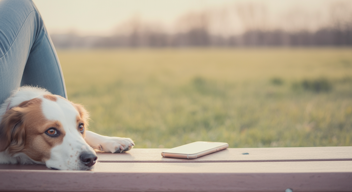 ベンチに座り、スマートフォンを横に置いてドッグランのフィールドを見守る飼い主の姿。