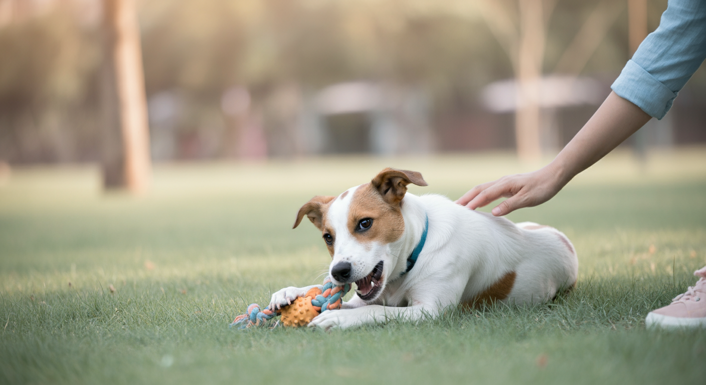 ドッグランの隅で、犬がおもちゃで遊びながらリラックスしている。その隙に、飼い主が優しく体をブラッシングしてあげている穏やかな光景。
