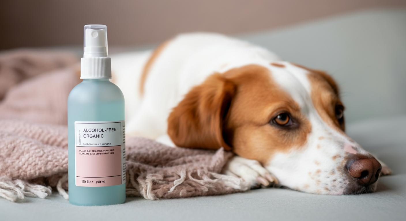 「アルコールフリー」「オーガニック」といったラベルが見える、ミニマルなデザインのスプレーボトル。背景には犬がリラックスしている。