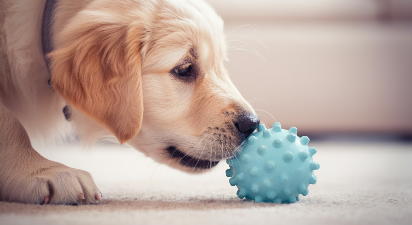 パステルブルーのボールに鼻を近づけるゴールデンレトリバーの子犬のクローズアップ写真。背景は柔らかくぼけている。