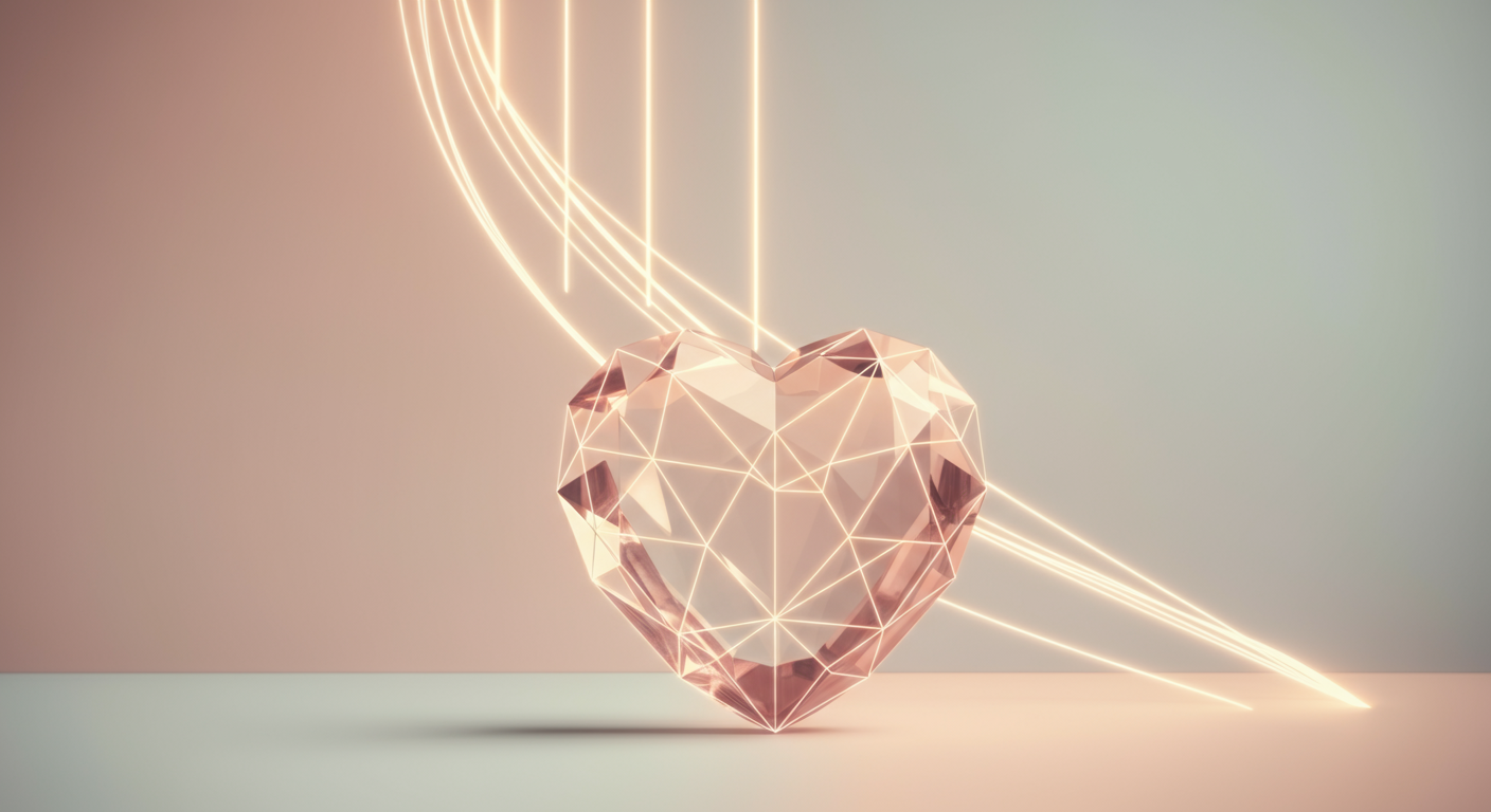 エネルギーの流れを象徴する光の線が流れ込む、水晶のような美しい心臓の抽象的なイメージ写真。