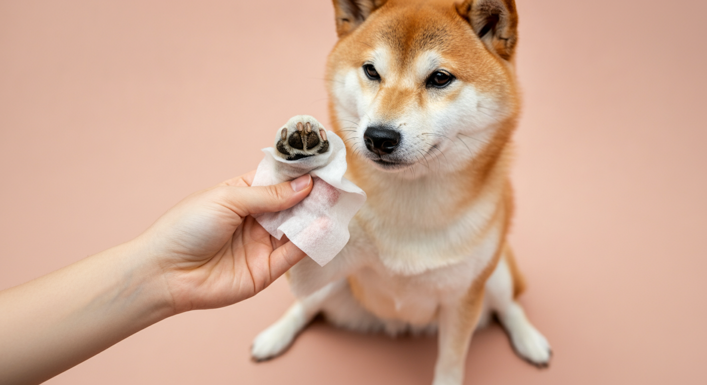 柴犬の泥だらけの足を1枚で十分に覆える、大判で厚手なウェットティッシュ。効率の良さを表現。