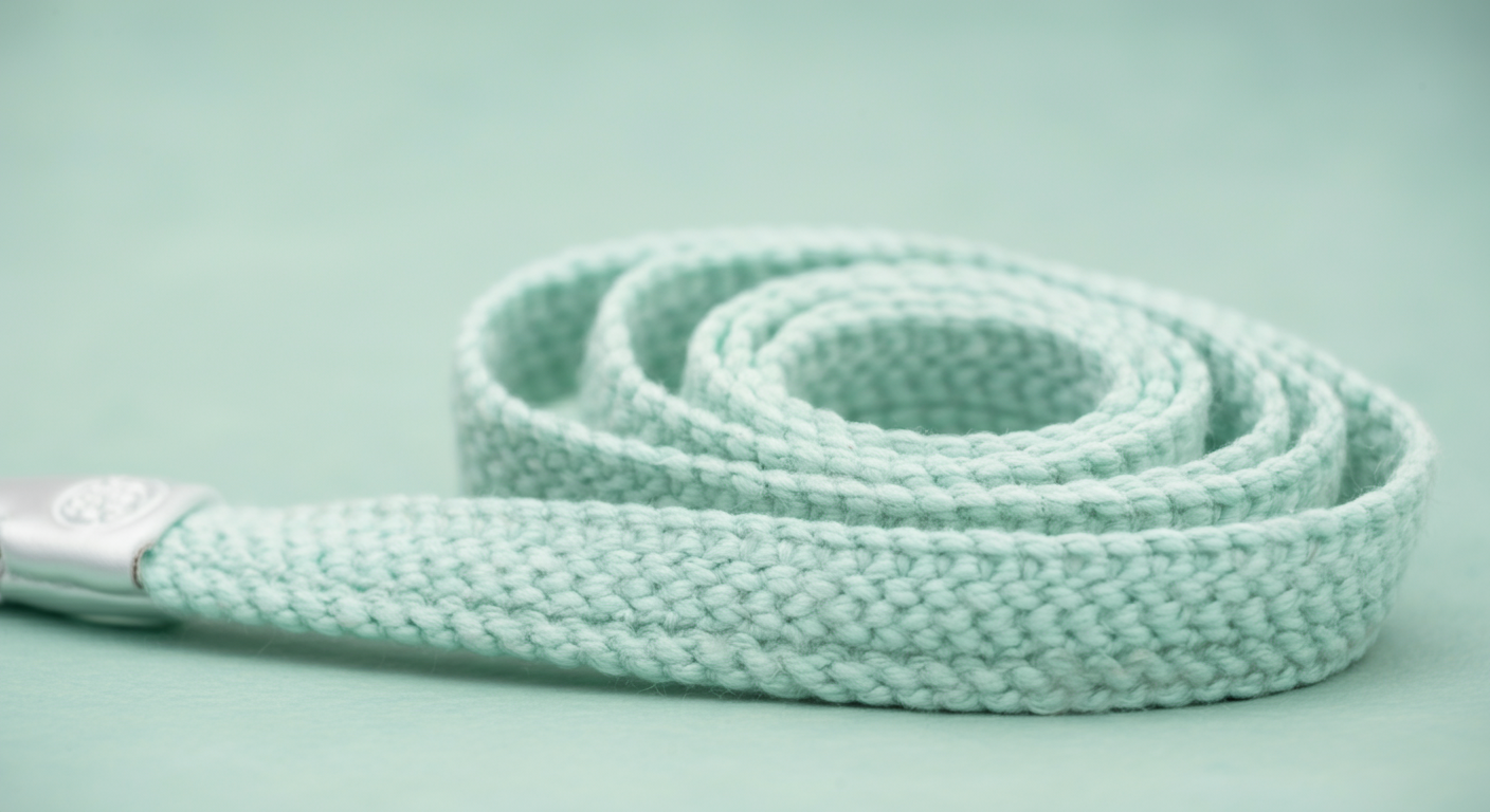 パステルミント色の柔らかいコットン製ロングリードの織り目が見える、詳細なマクロ撮影。手触りが優しそうな質感が伝わってくる。