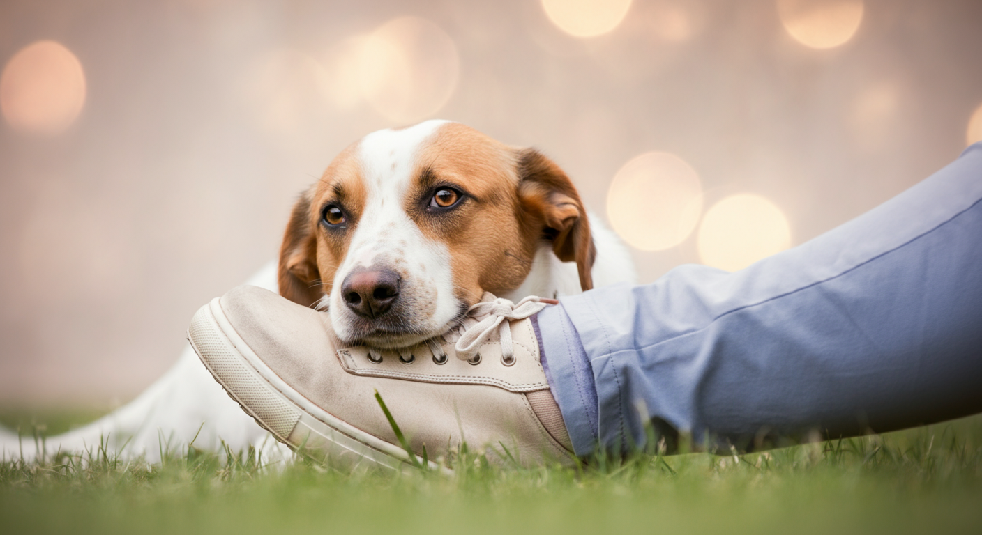 飼い主の靴に安心して頭を乗せている一匹の犬のクローズアップ。