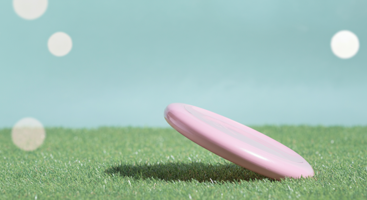 緑の芝生の上をゆるやかに転がっていくピンク色のフリスビー。