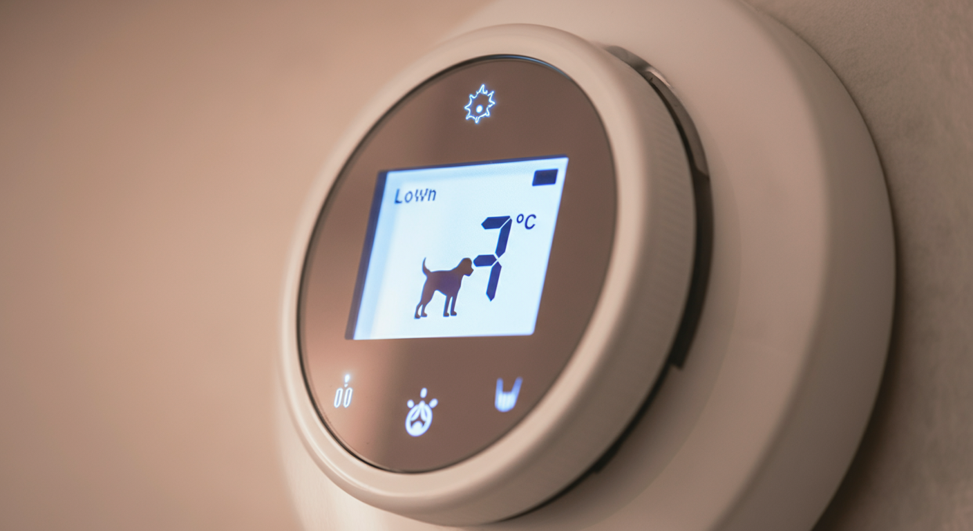 低い温度を表示するサーモスタットのクローズアップ。スクリーンに犬の寂しげなシルエットが微かに映り込んでいる。