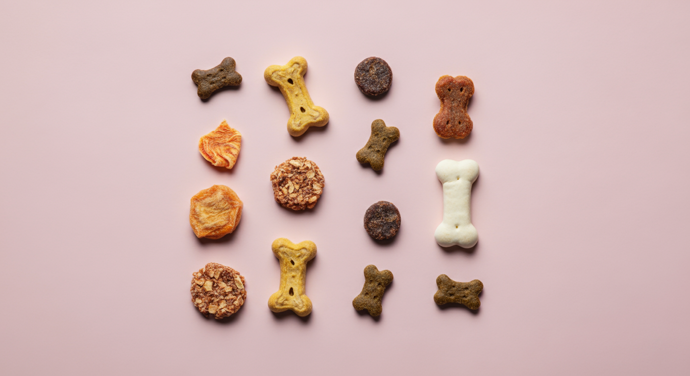 パステルカラーの背景に、小さな犬用ビスケットなどがきれいに並べられたマクロ写真