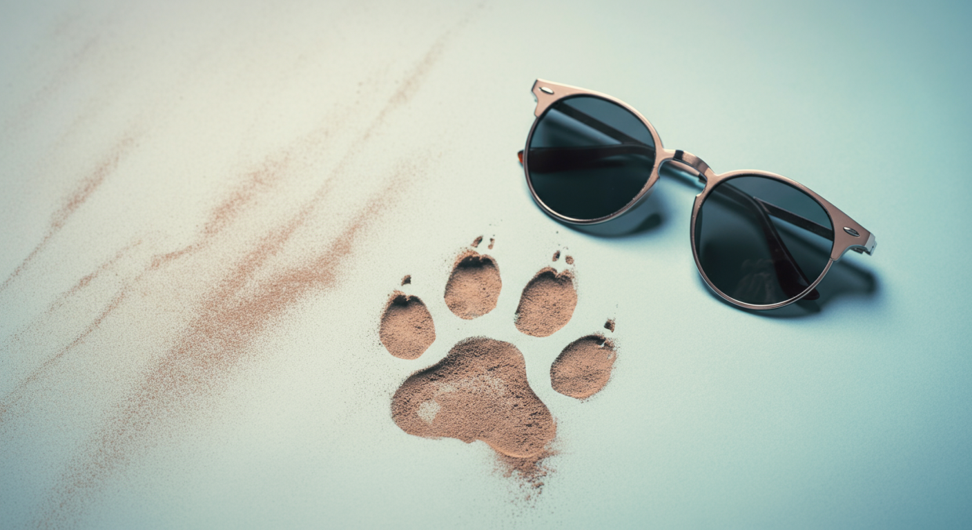 犬の足跡と、その横に置かれた犬用サングラス。