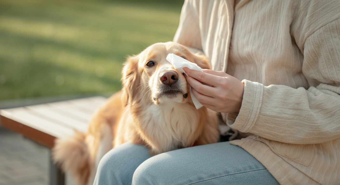 飼い主がベンチに座り、膝の上の犬の口元をウェットティッシュで優しく拭いている。