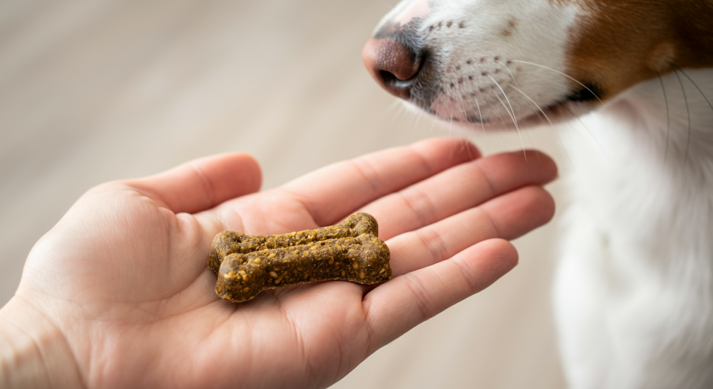 人の手のひらに乗った、食物繊維が入った犬用おやつのマクロ撮影。犬の鼻先が優しく匂いを嗅いでいる。