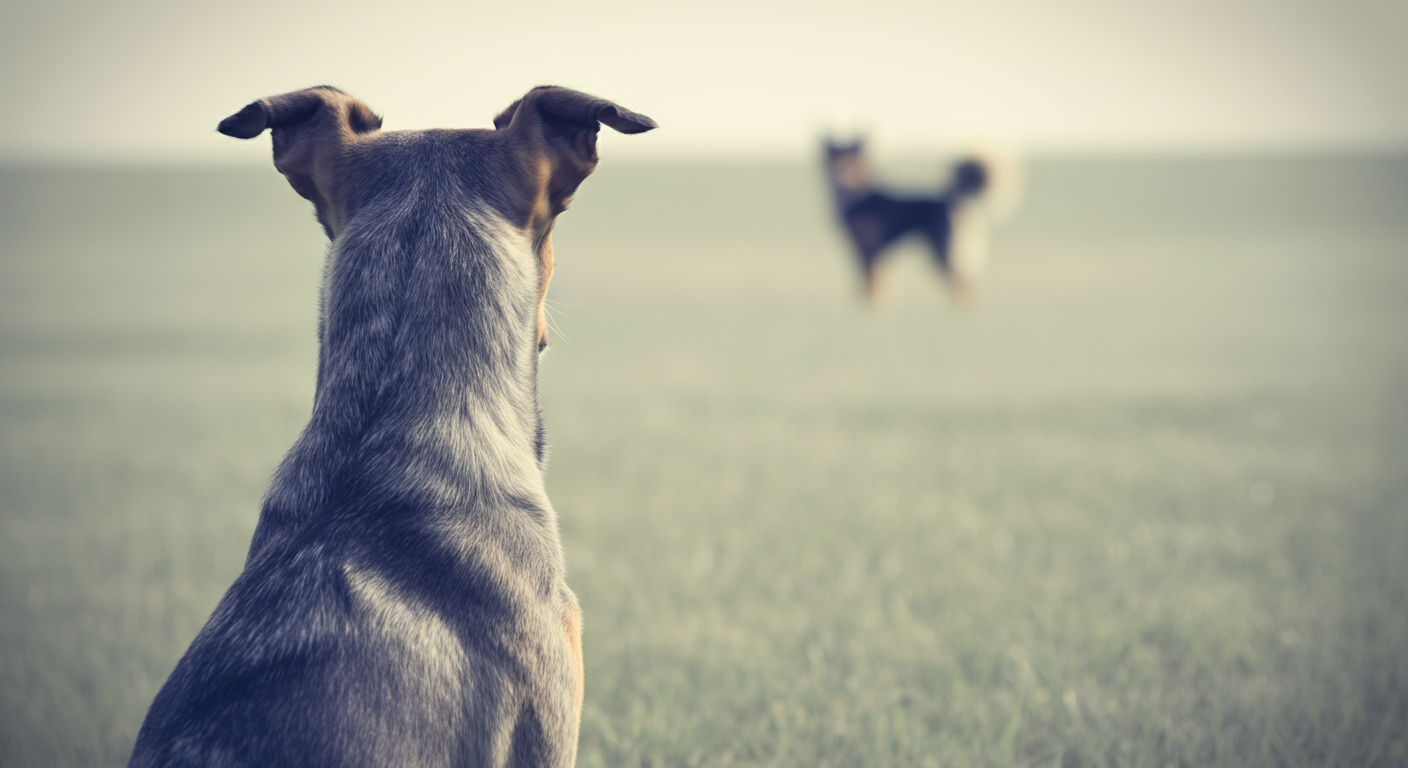 ドッグランの遠くを眺めている犬の後ろ姿。遠景には他の犬の小さなシルエットがぼんやりと写っている。