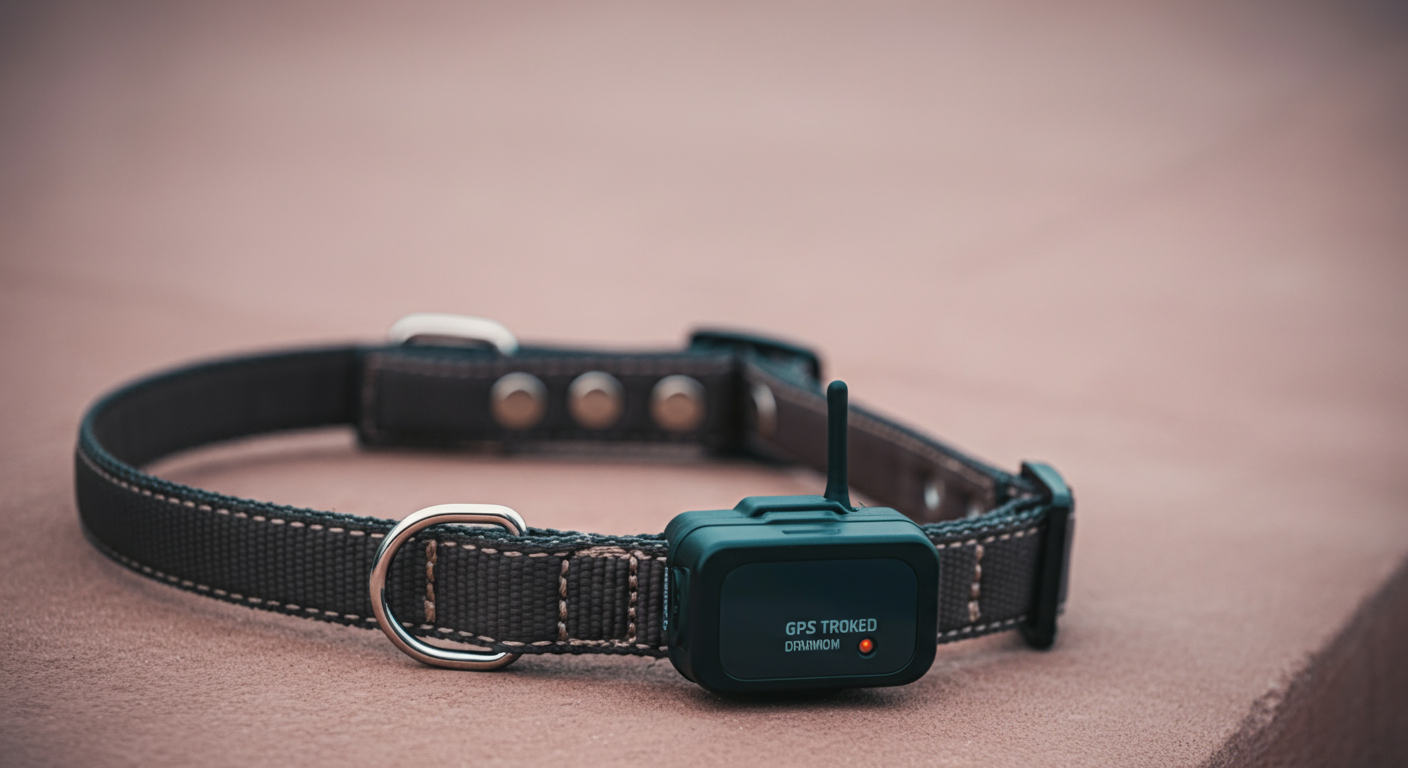 丈夫な大型犬用の首輪に、頑丈なGPSトラッカーがしっかりと取り付けられているクローズアップ写真。