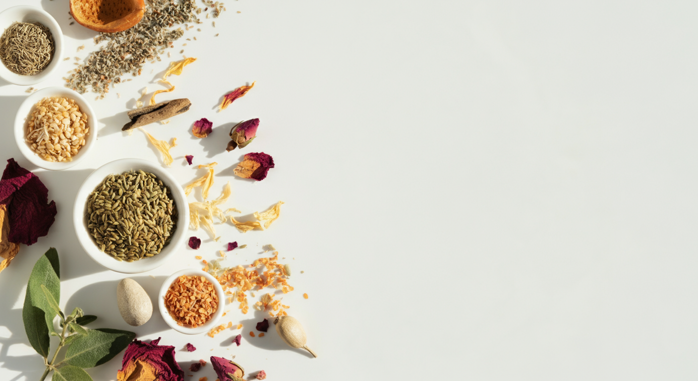 白い背景の上にアーティスティックに配置された様々な植物の種や花びら