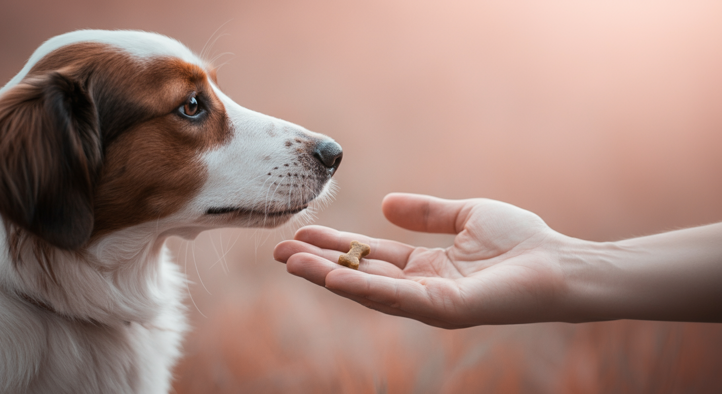 飼い主が手のひらに乗せたおやつを犬に優しく差し出している。手と犬の鼻先のクローズアップ。