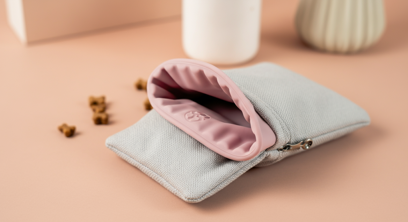 ライトグレーの帆布と、取り外し可能なパステルカラーのシリコンライナーを組み合わせた、洗練されたトリーツポーチのクローズアップ。
