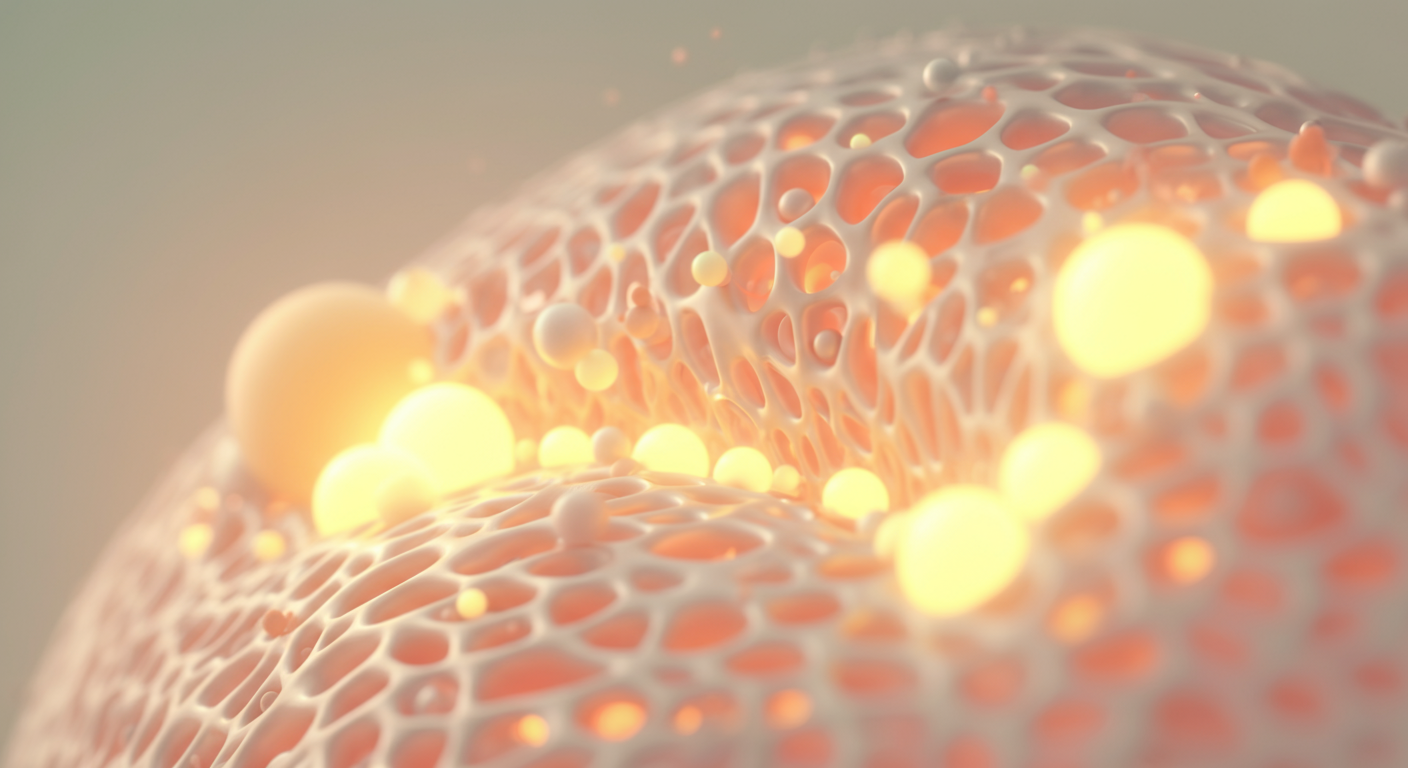 体内でエネルギーが作られる様子をイメージした、パステルカラーの光の球が流れる抽象的なCG画像。