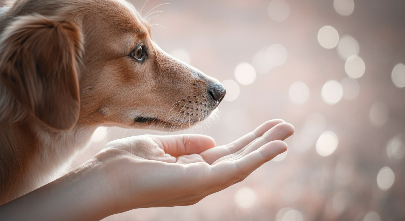 飼い主が差し出した空っぽの手に、犬が優しく鼻をタッチしている様子の抽象的な写真。