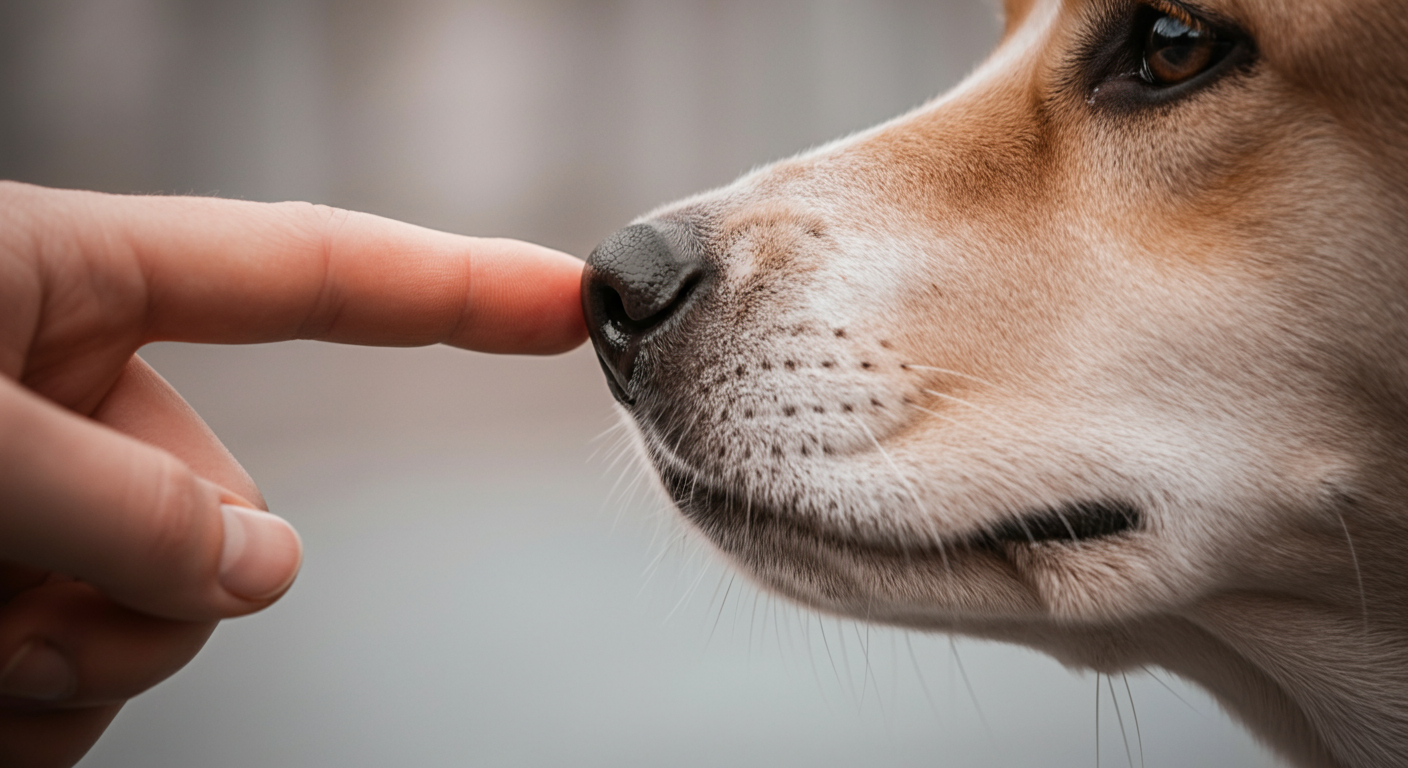 犬の鼻先に人の指がそっと触れている写真。「待って」「静かに」というような、優しいコミュニケーションを表現している。