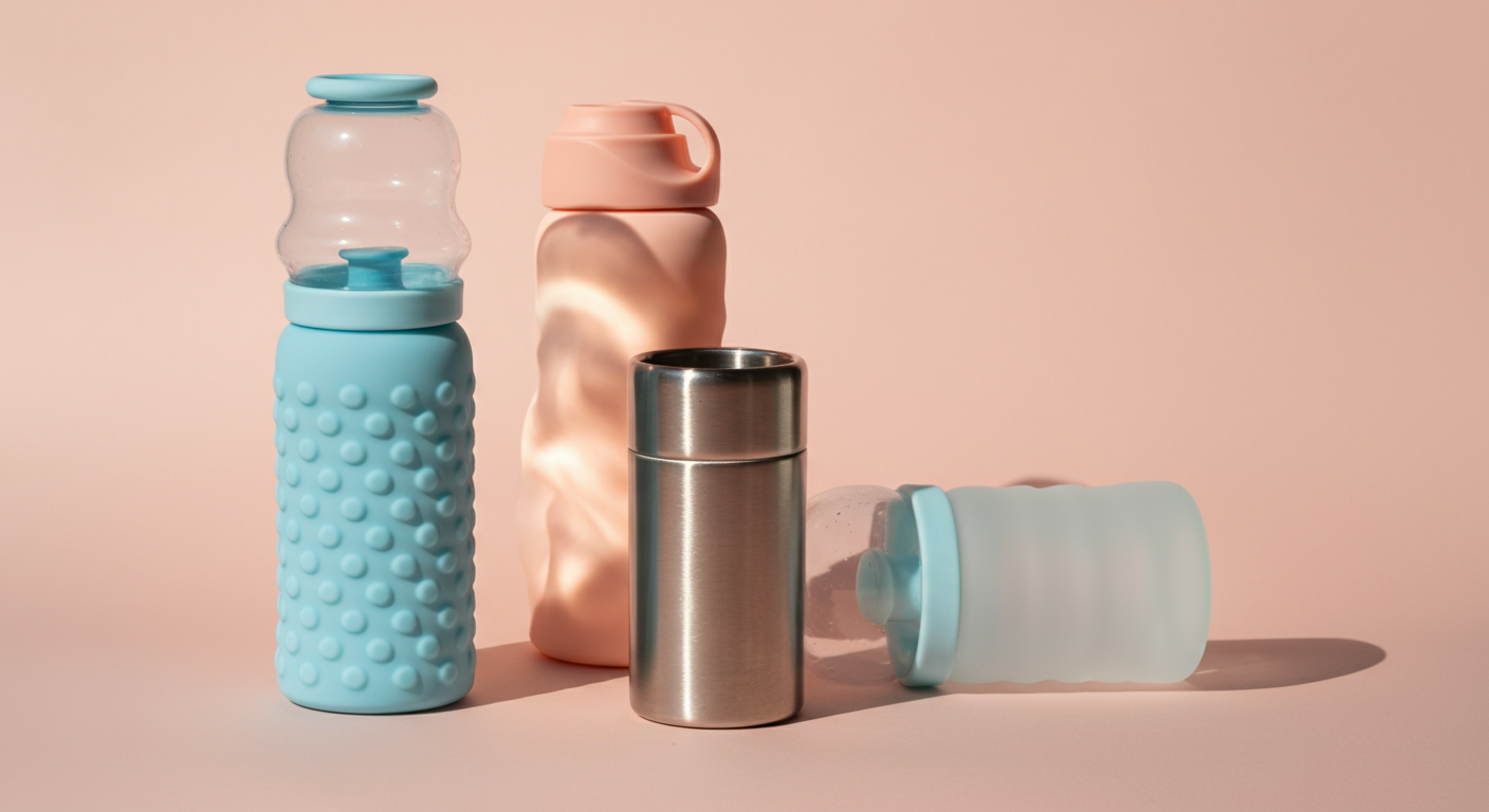 パステルピンクの平面に、素材の違う3種類の犬用給水ボトルがミニマルに配置された写真。