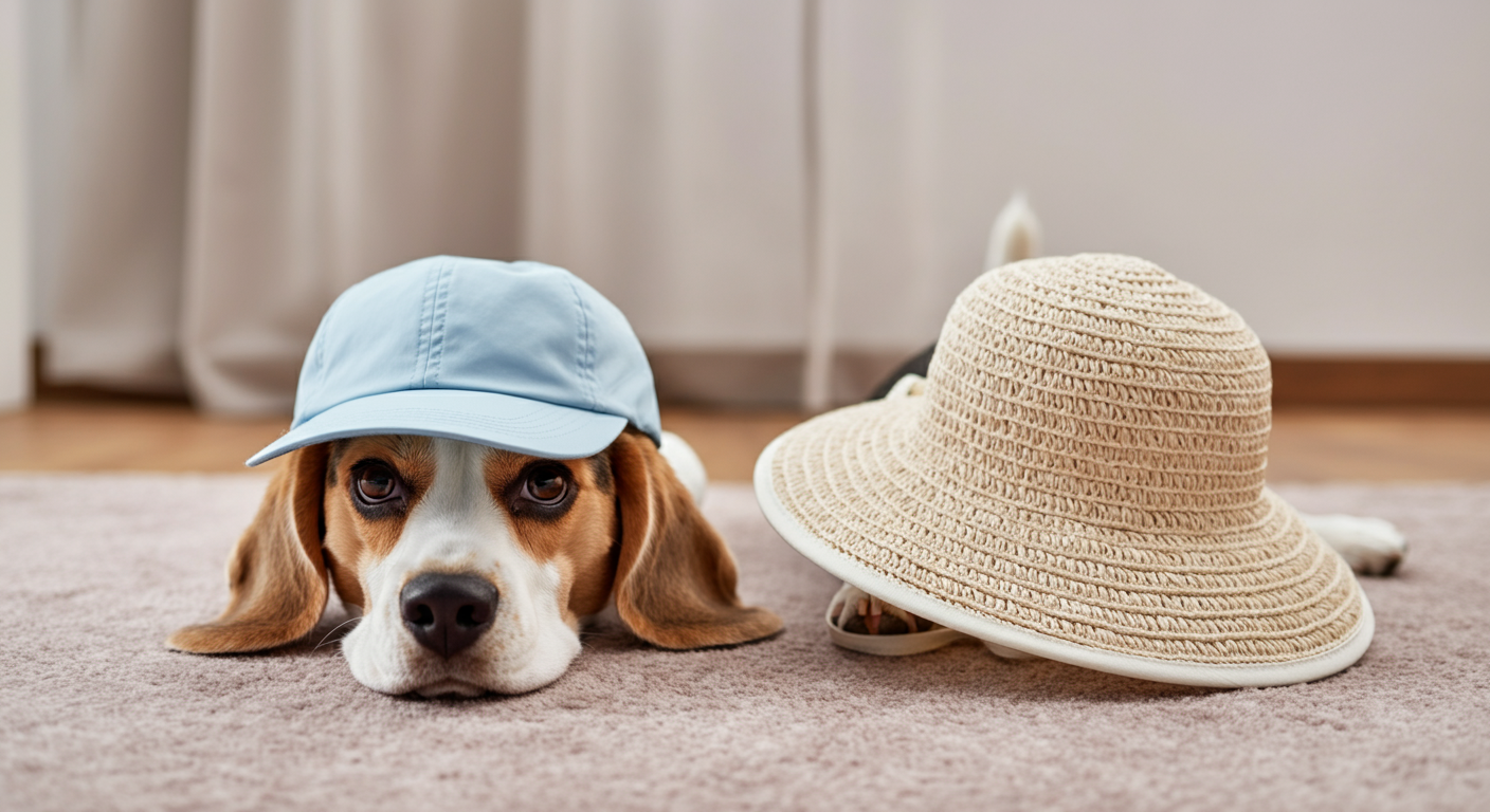 スポーティーなキャップ型と、つばの広いハット型の2つの犬用帽子が並べられており、下から犬の鼻先が見えている。