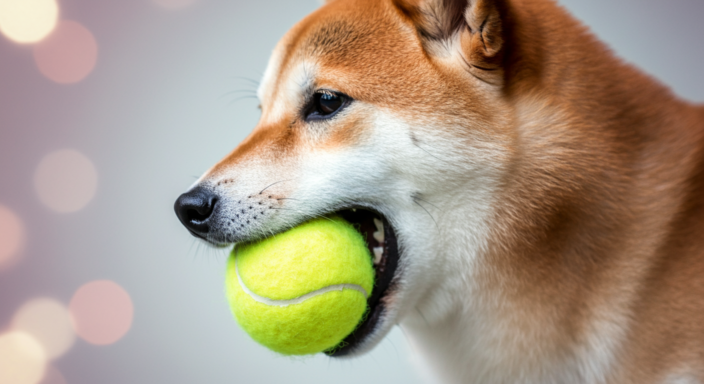 パステル調の背景で、柴犬が口にくわえるのに丁度いいサイズのボールを優しく咥えている様子のクローズアップ。