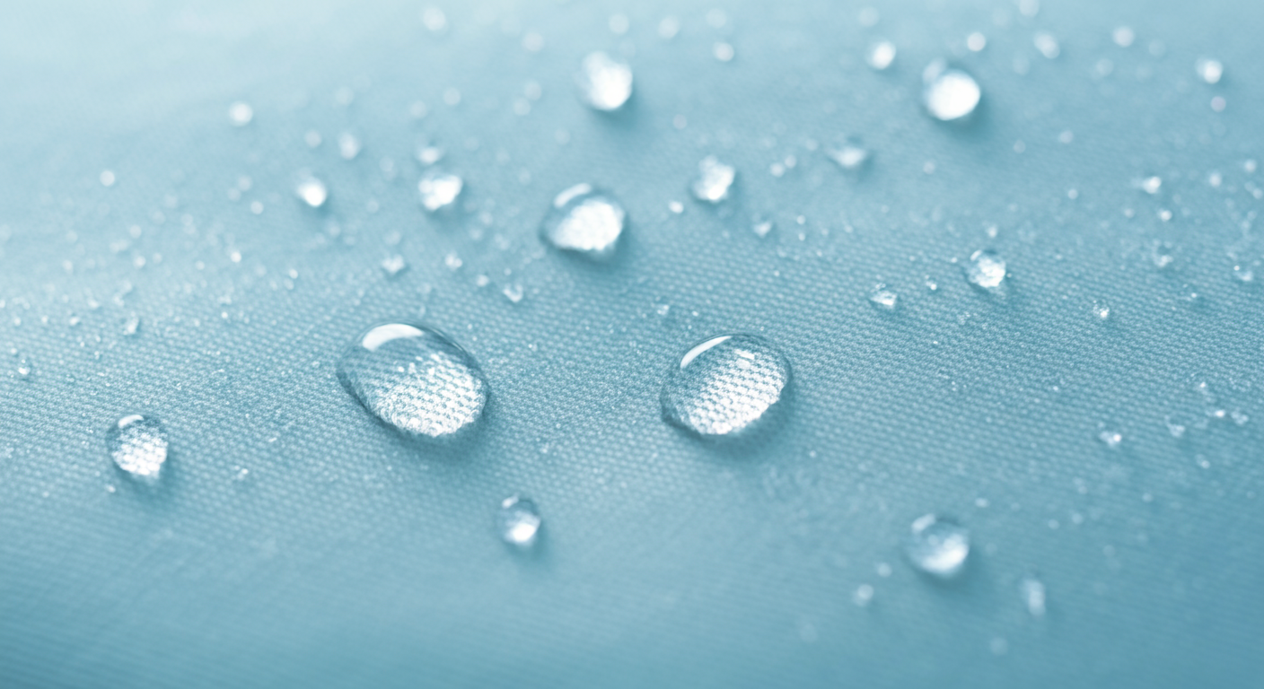 防水素材のマナーポーチの表面についた水滴のマクロ撮影