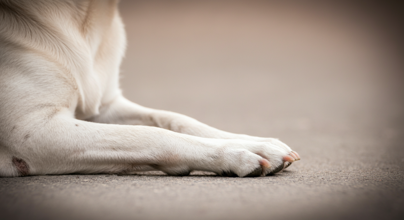 柔らかな自然光の中、地面にちょこんと置かれた犬の前足のクローズアップ。境界線の手前でじっと待っている様子。
