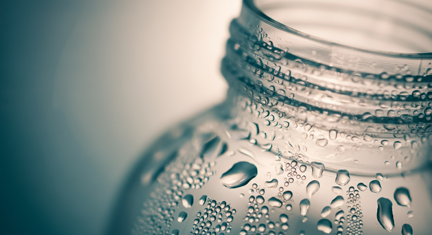 洗浄後の清潔なボトル内側についた水滴のクローズアップ写真。