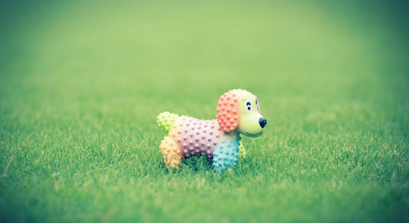 緑の芝生の中央に一つだけ置かれた犬のおもちゃ。縄張り意識を象徴している。