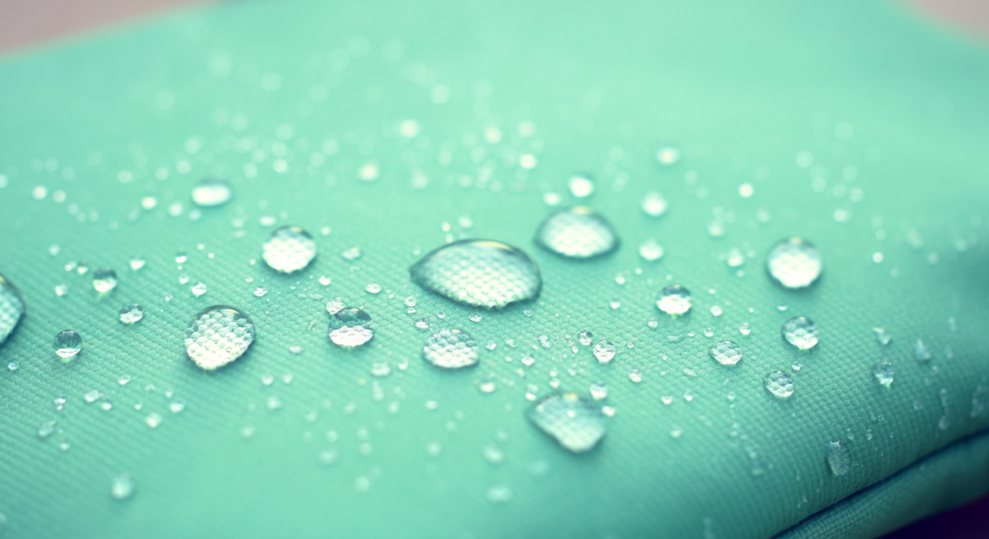 ミントグリーンの防水素材でできたマナーポーチの表面に、水滴が玉のようになっている様子のマクロ撮影。素材の質感がわかる。