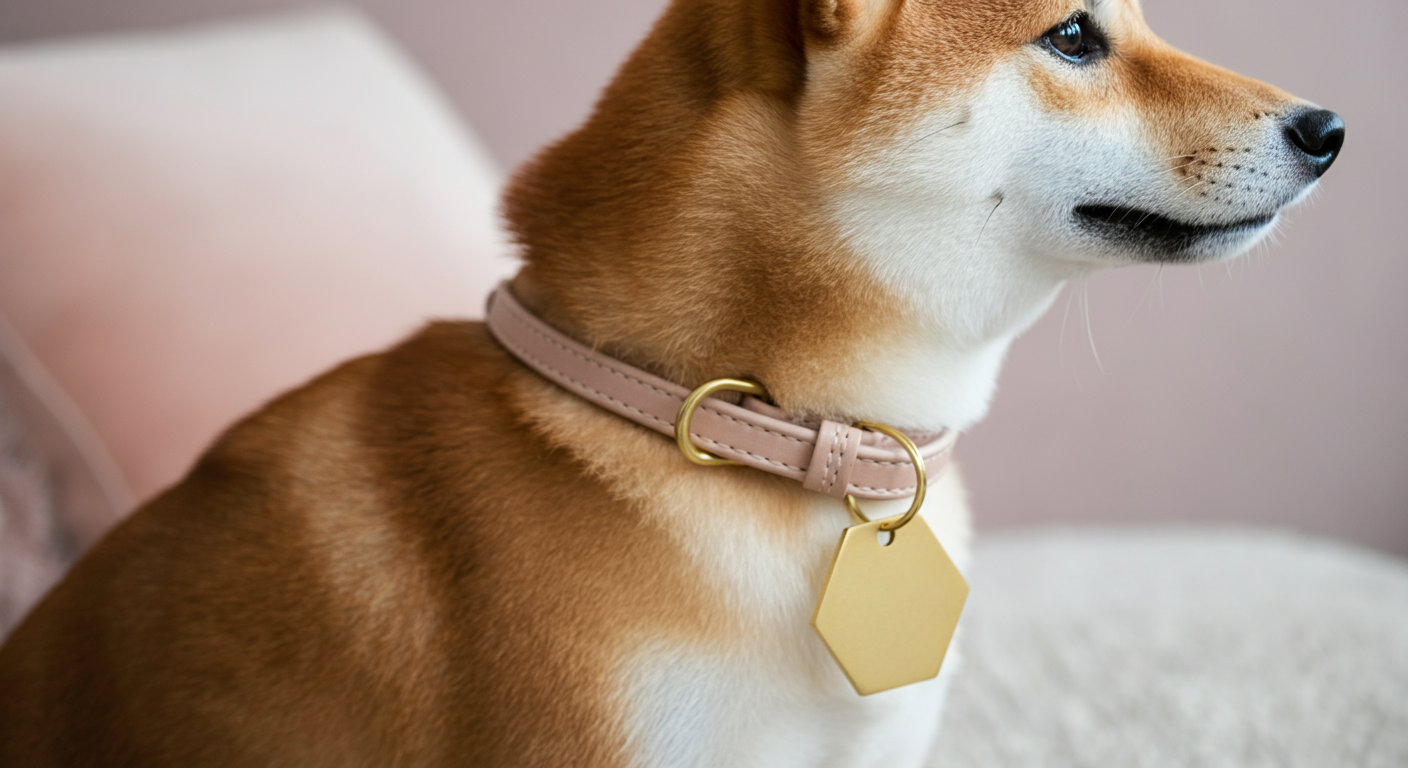 スタイリッシュな真鍮製の六角形の迷子札がついた革の首輪のクローズアップ。背景には柴犬の柔らかな毛並みがぼやけて写っている。