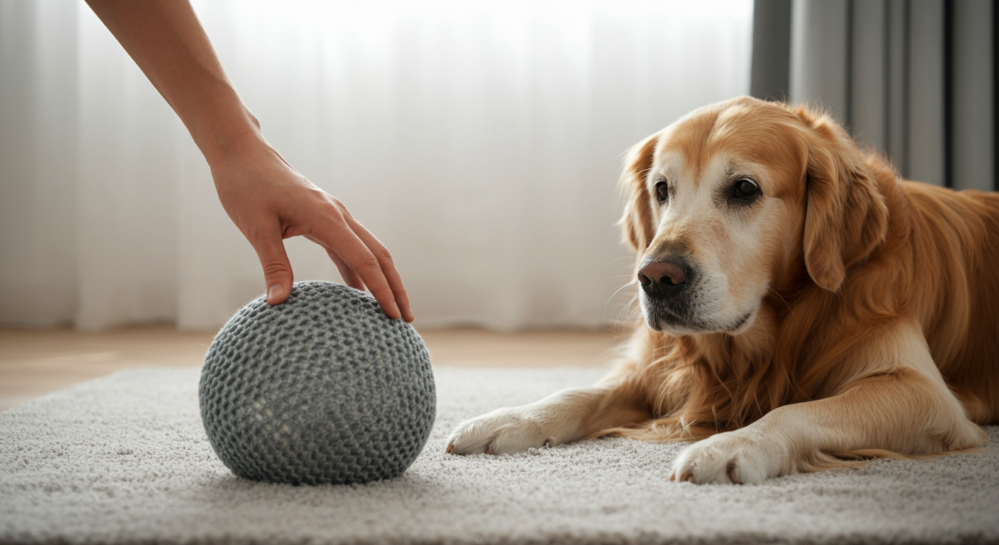 人が、気持ちよさそうに寝そべっている老犬のゴールデンレトリバーに向かって、柔らかいボールをゆっくりと転がしている穏やかな様子の写真。