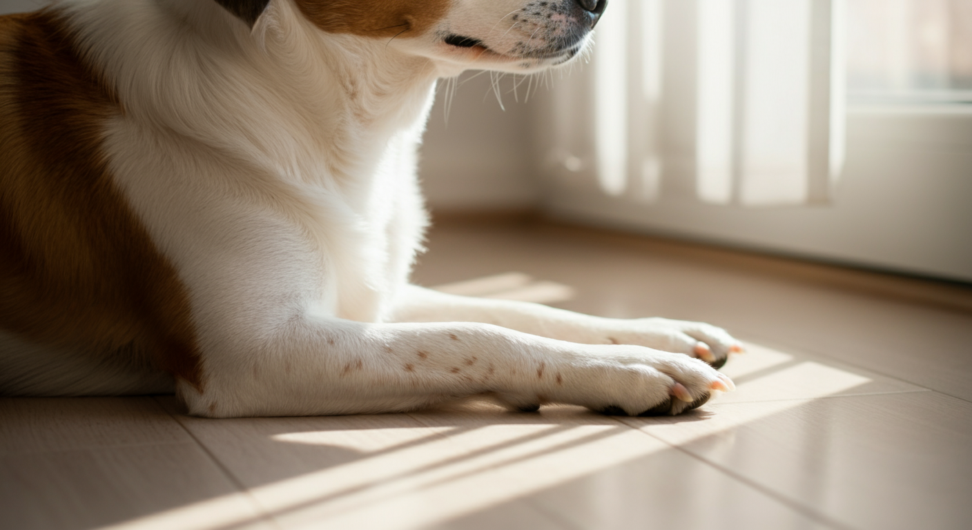 パステルカラーのミニマルな空間で、窓の外を眺める犬の足元。朝の光が差し込んでいる。