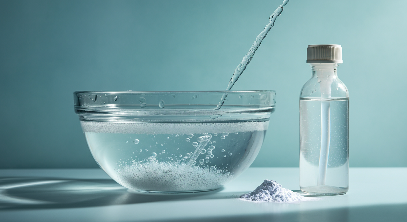 透明なガラスのボウルの中で、酸素系漂白剤が溶け出し、繊細な泡を立てながらクールネックがつけ置き洗いされている写真。