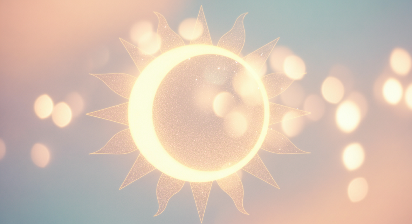 太陽と月のモチーフが美しく重なり合う、抽象的な光のアート。昼と夜のサイクルを表現。