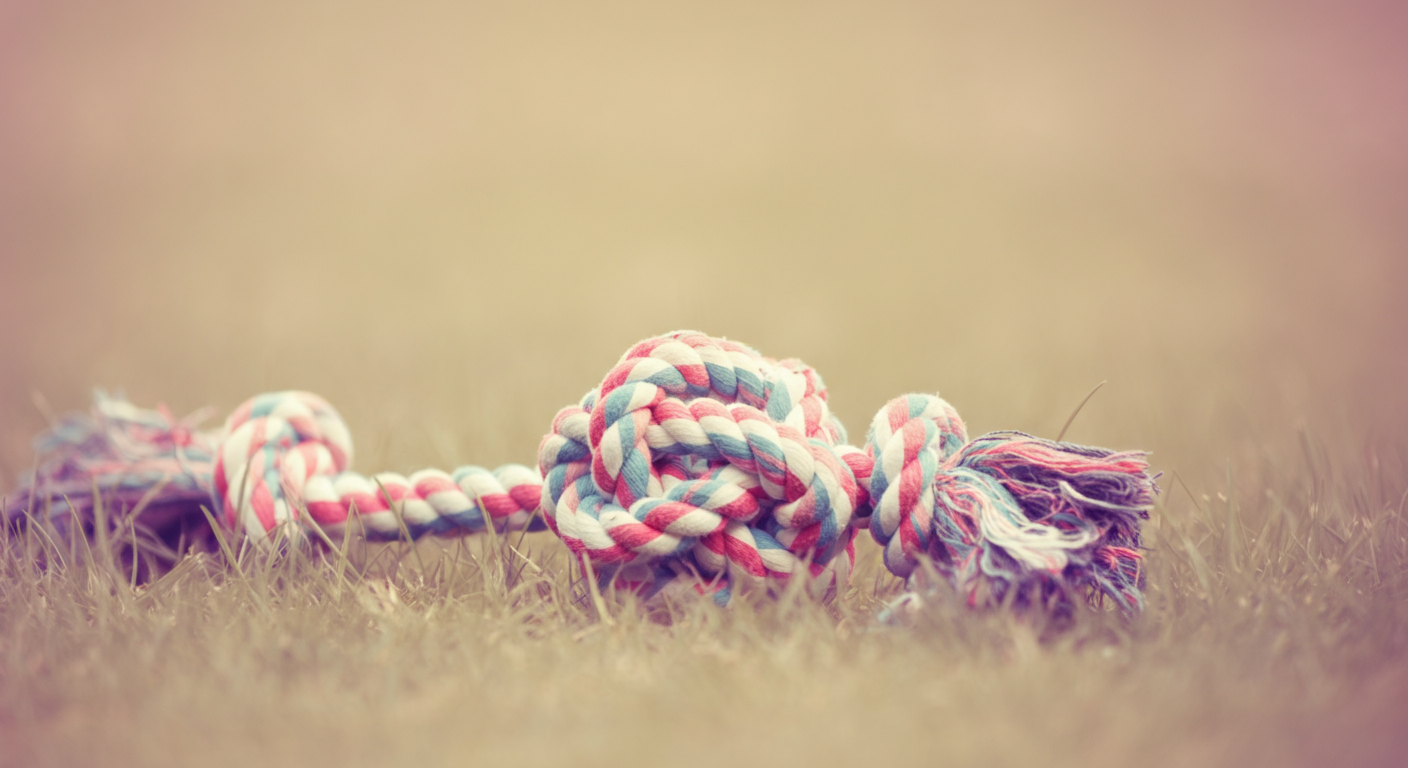 芝生の上に置かれた、カラフルなロープボールのおもちゃのクローズアップ写真。