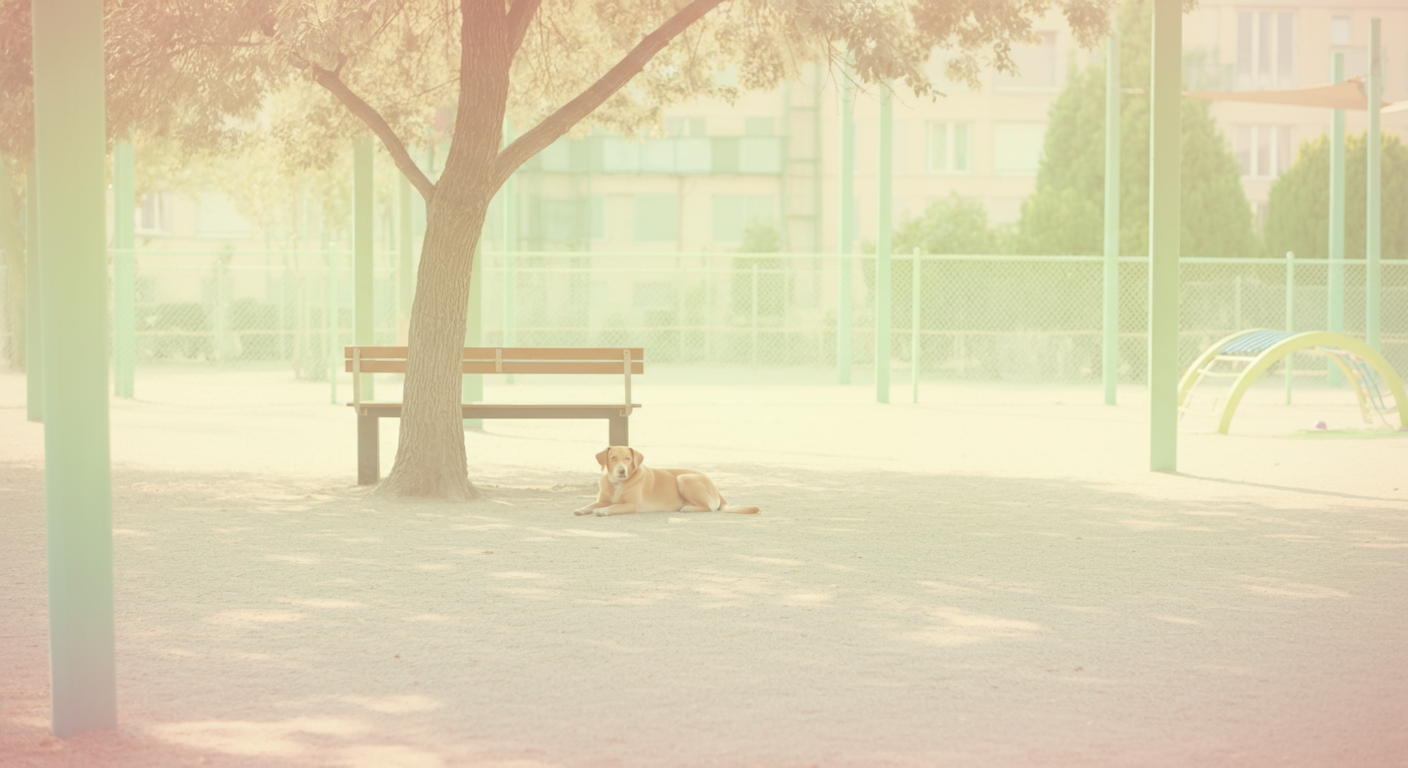 ドッグランの静かな一角を写した写真。木陰のベンチがあり、一匹の犬が落ち着いて休んでいる。