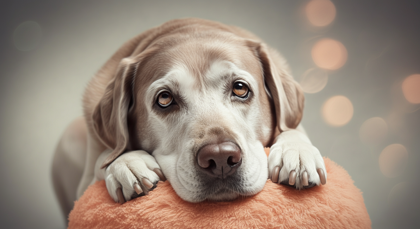 白髪まじりのシニア犬が、柔らかいピーチ色のボールに顎をのせてくつろいでいる。