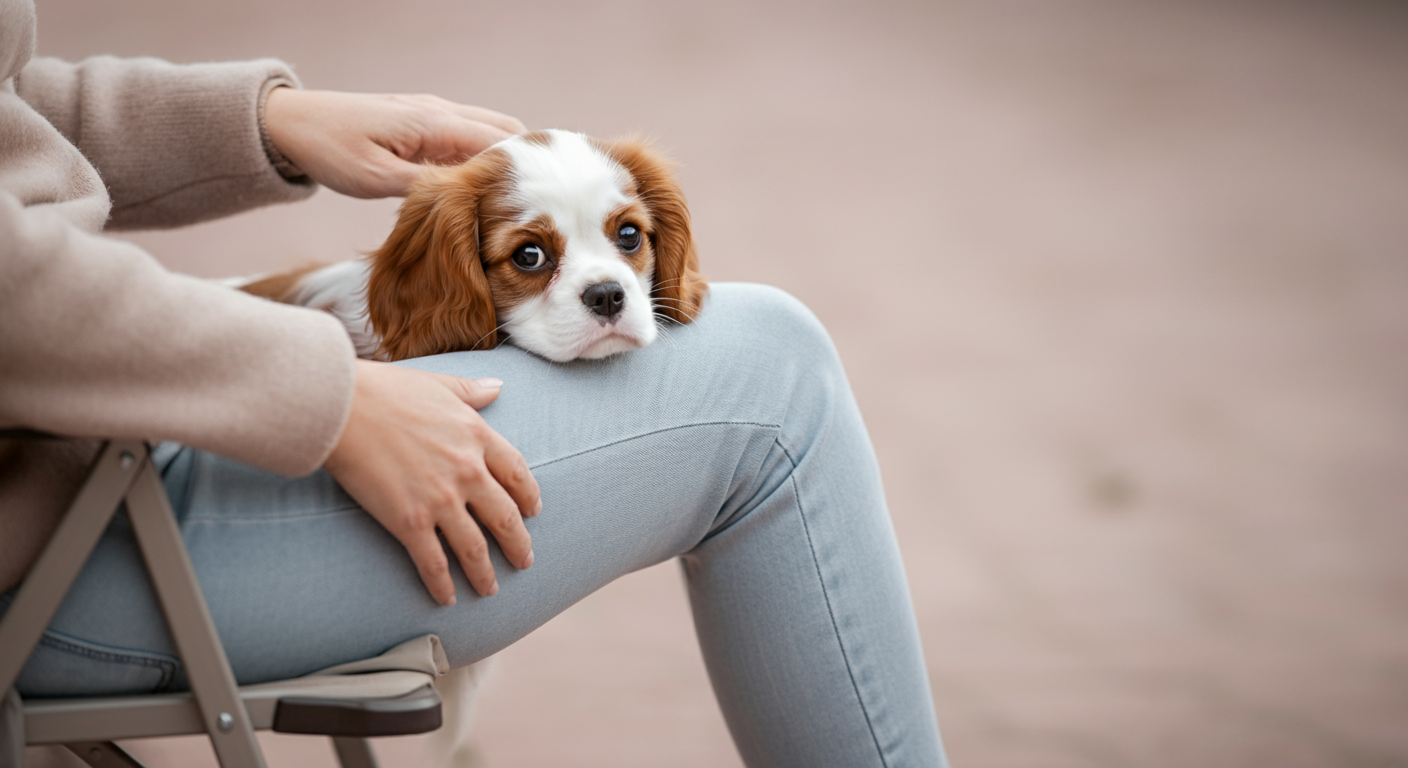 折りたたみ椅子に座る飼い主の足の間から、一匹のシャイなキャバリアが顔をのぞかせている。