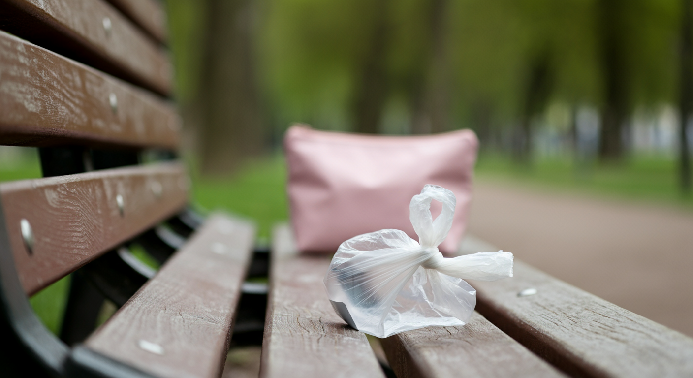 公園のきれいなベンチの上に、使用済みの排泄物が入ったビニール袋が一つ置かれている。周りの景観とのミスマッチ感を表現している。
