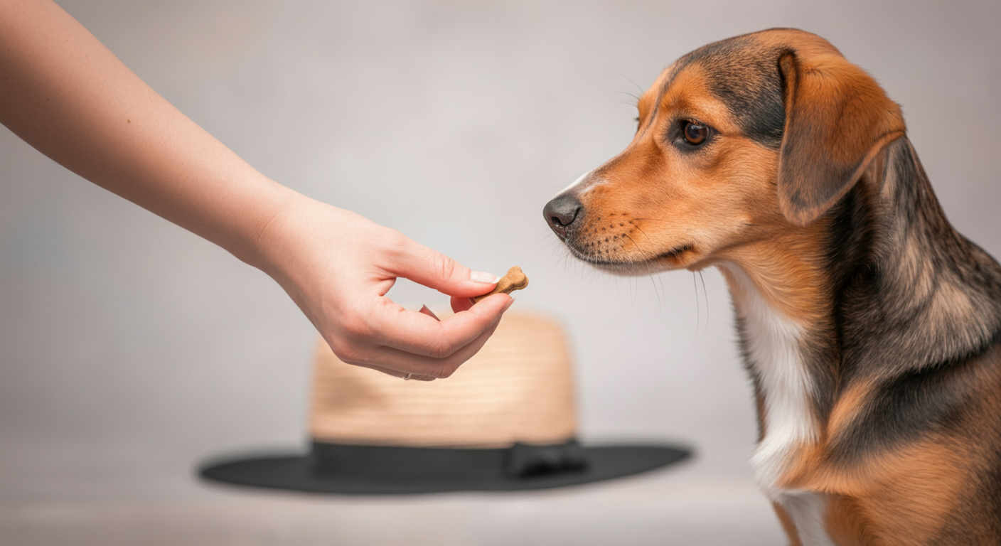 犬がおやつをもらっているポジティブな瞬間の写真。背景にはマナーウェアがぼかして写っている。
