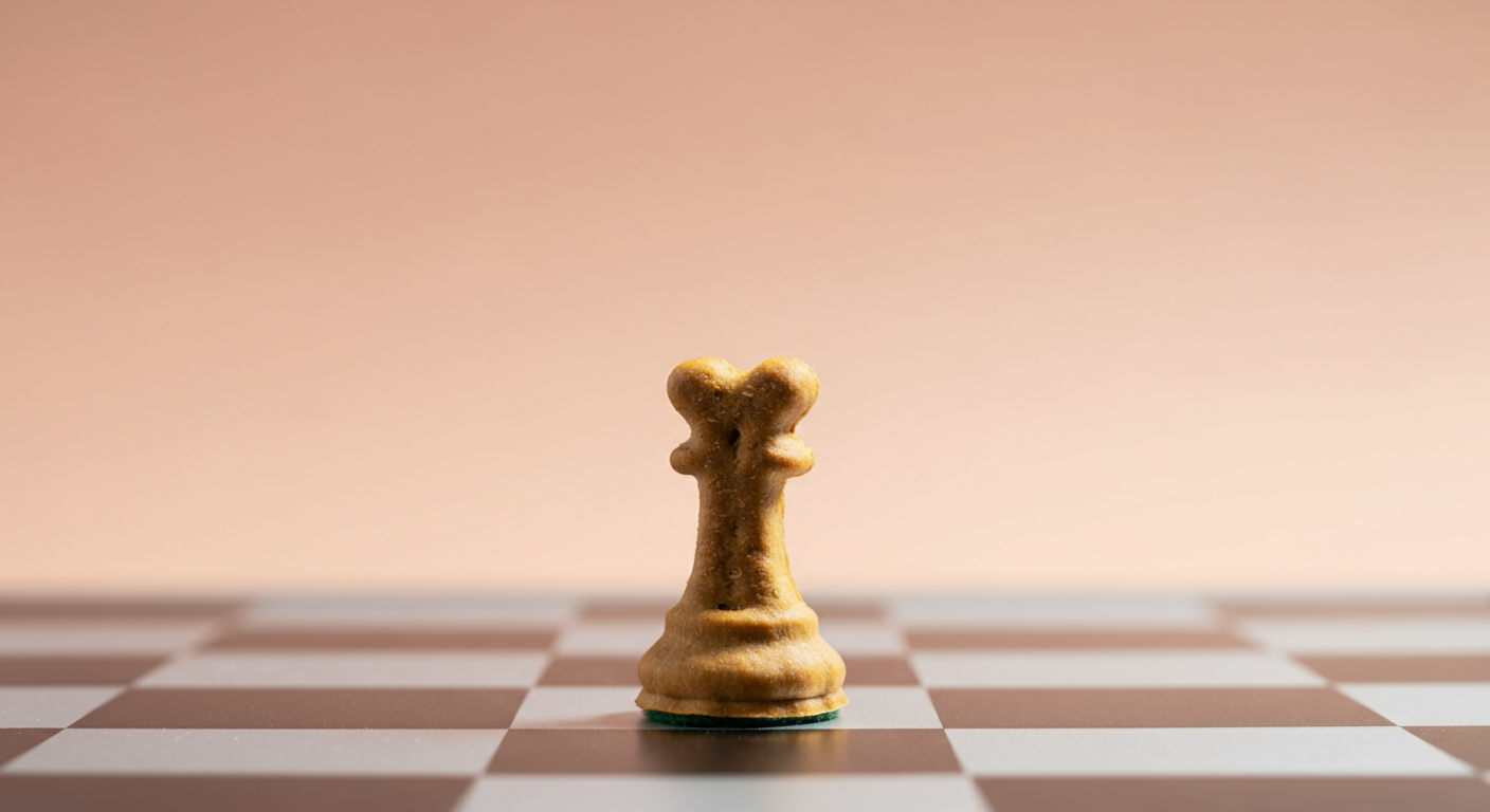 チェス盤の上に置かれた犬用おやつ。戦略的な栄養管理を比喩的に表現した写真