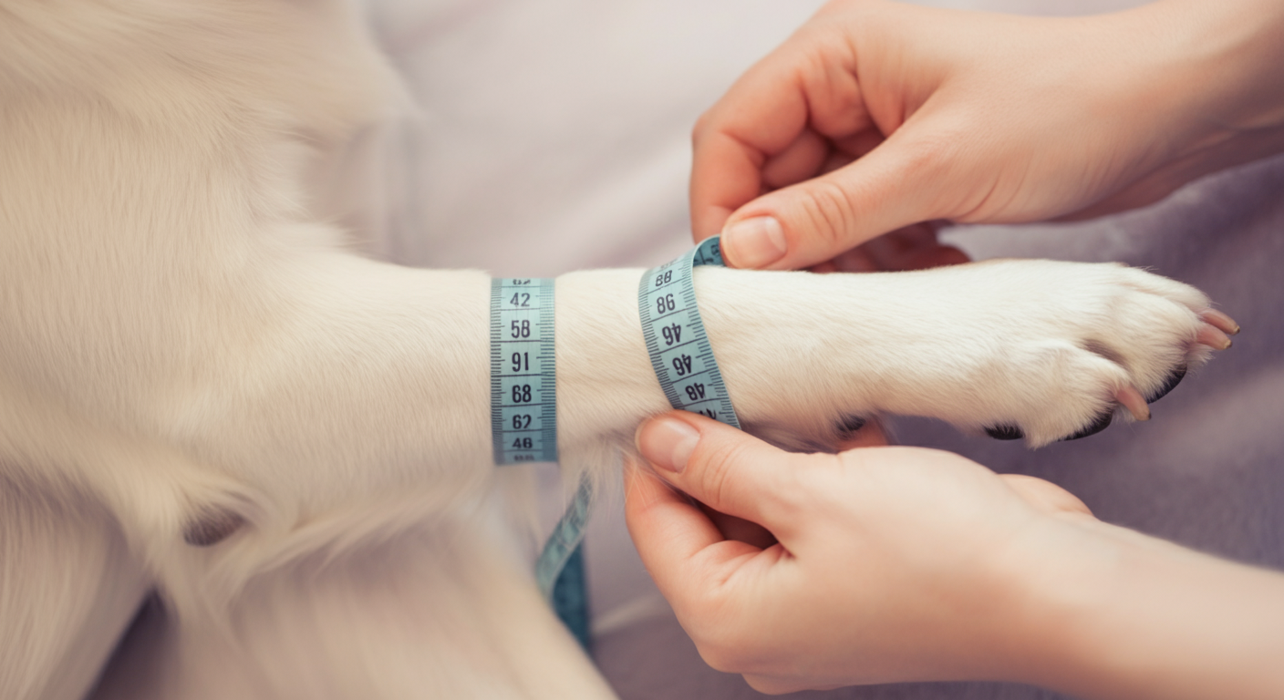 優しい光の中で、犬の前足のサイズをメジャーで測っている人の手元。