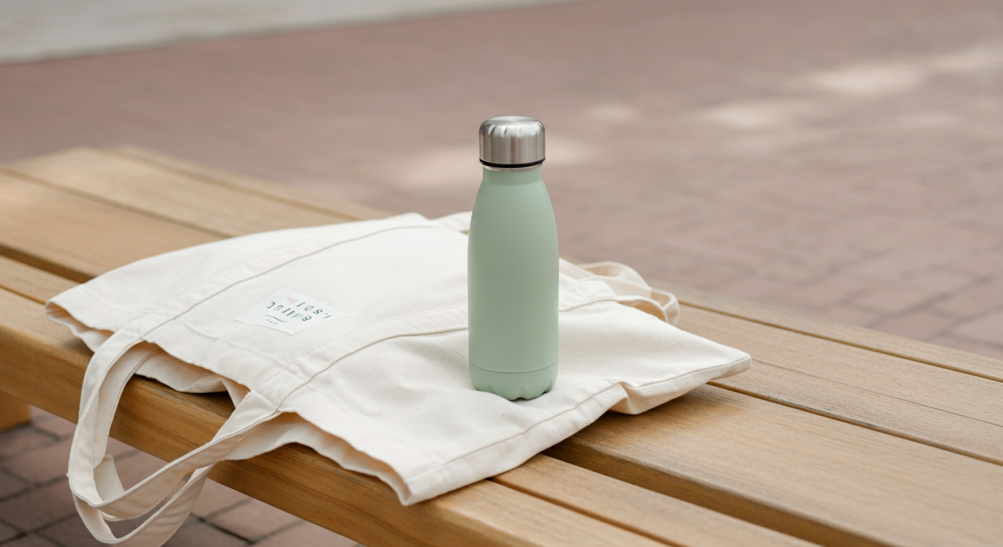 トートバッグからスタイリッシュな給水ボトルがのぞいている様子