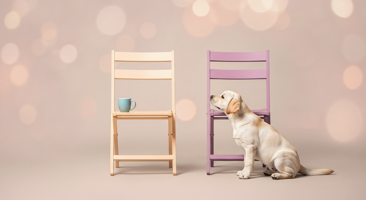 芝生の上に並んで置かれた2つの折りたたみ椅子。片方にはコーヒーカップが置かれ、一匹のラブラドールが空の椅子に興味を示している。