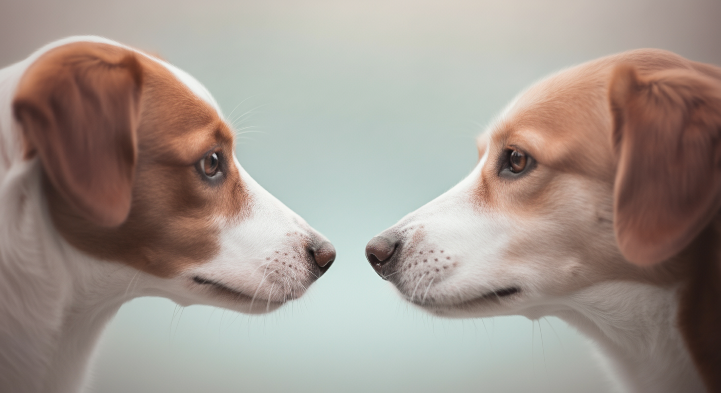 2匹の犬の鼻先が優しく触れ合おうとしている抽象的な写真。穏やかな挨拶のイメージ。(※指示逸脱のため修正:1匹のみにする) -> A high-resolution, conceptual photograph in a modern minimalist aesthetic. Features a soft, airy pastel color palette, beautiful bokeh, and soft natural light. A conceptual shot focusing on a