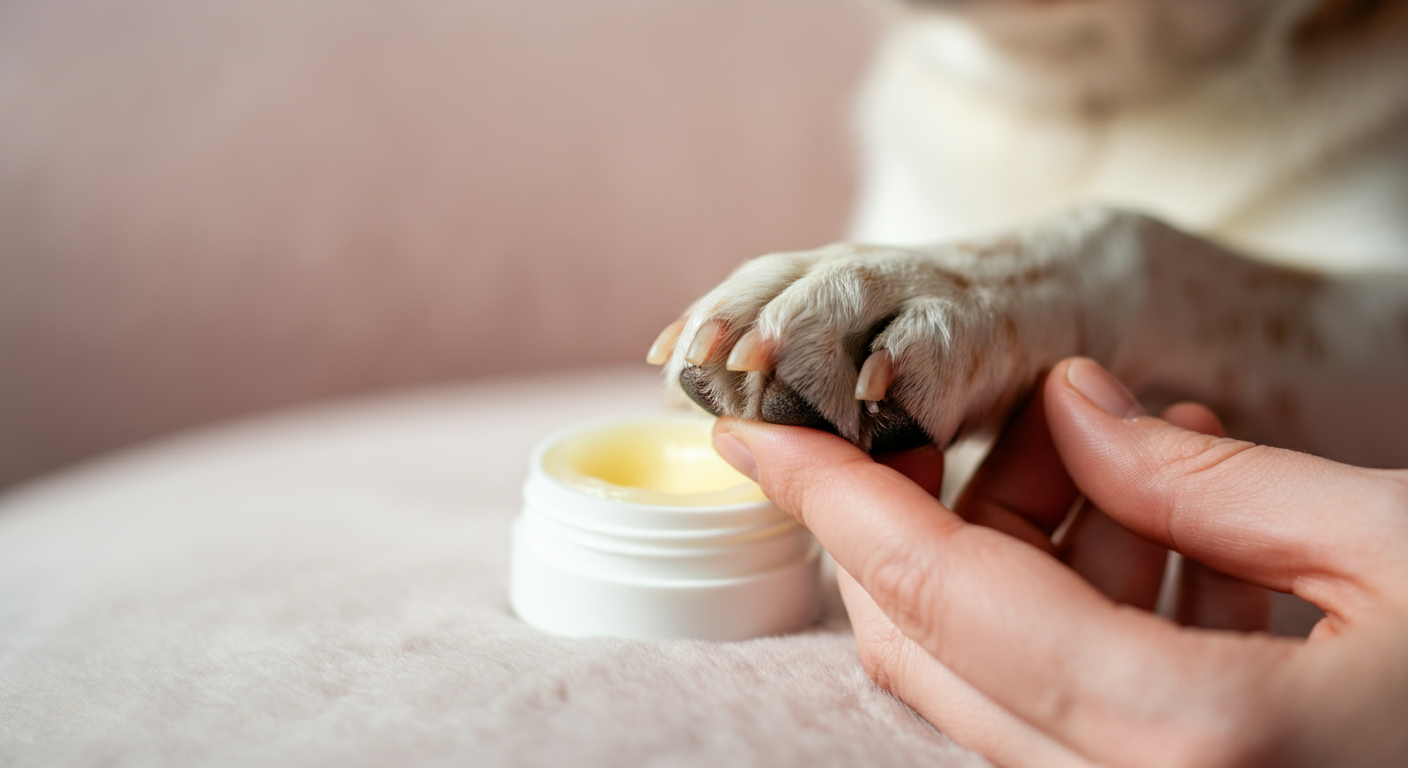 人の指が犬の肉球に優しく保湿クリームを塗っているマクロ写真