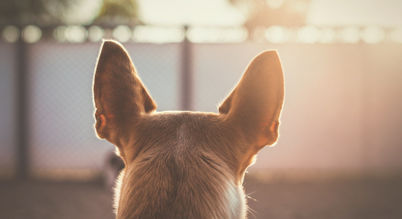 フェンスの外から、中のドッグランを眺めている犬の後ろ姿。パステルカラーの優しい光が差し込んでいる。