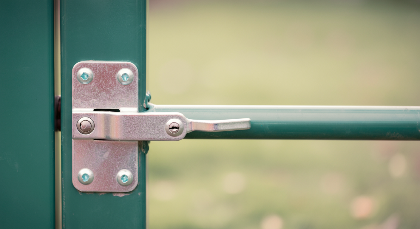 少しだけ開いたドッグランのゲートの金属製ラッチ部分のマクロ撮影。